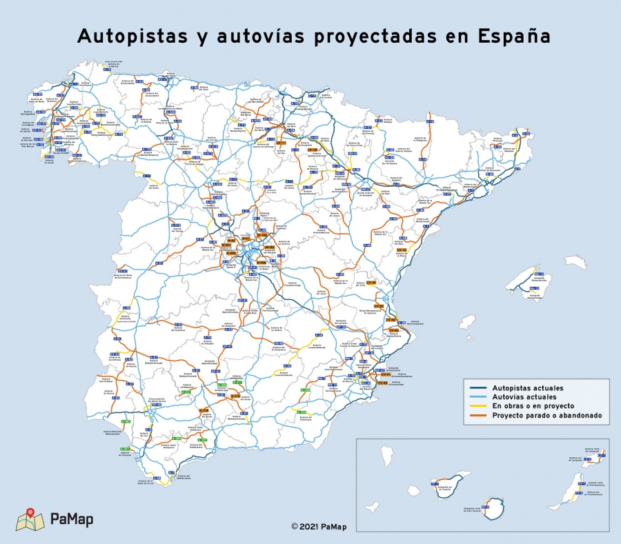 Mapa con todas las autovías en España.